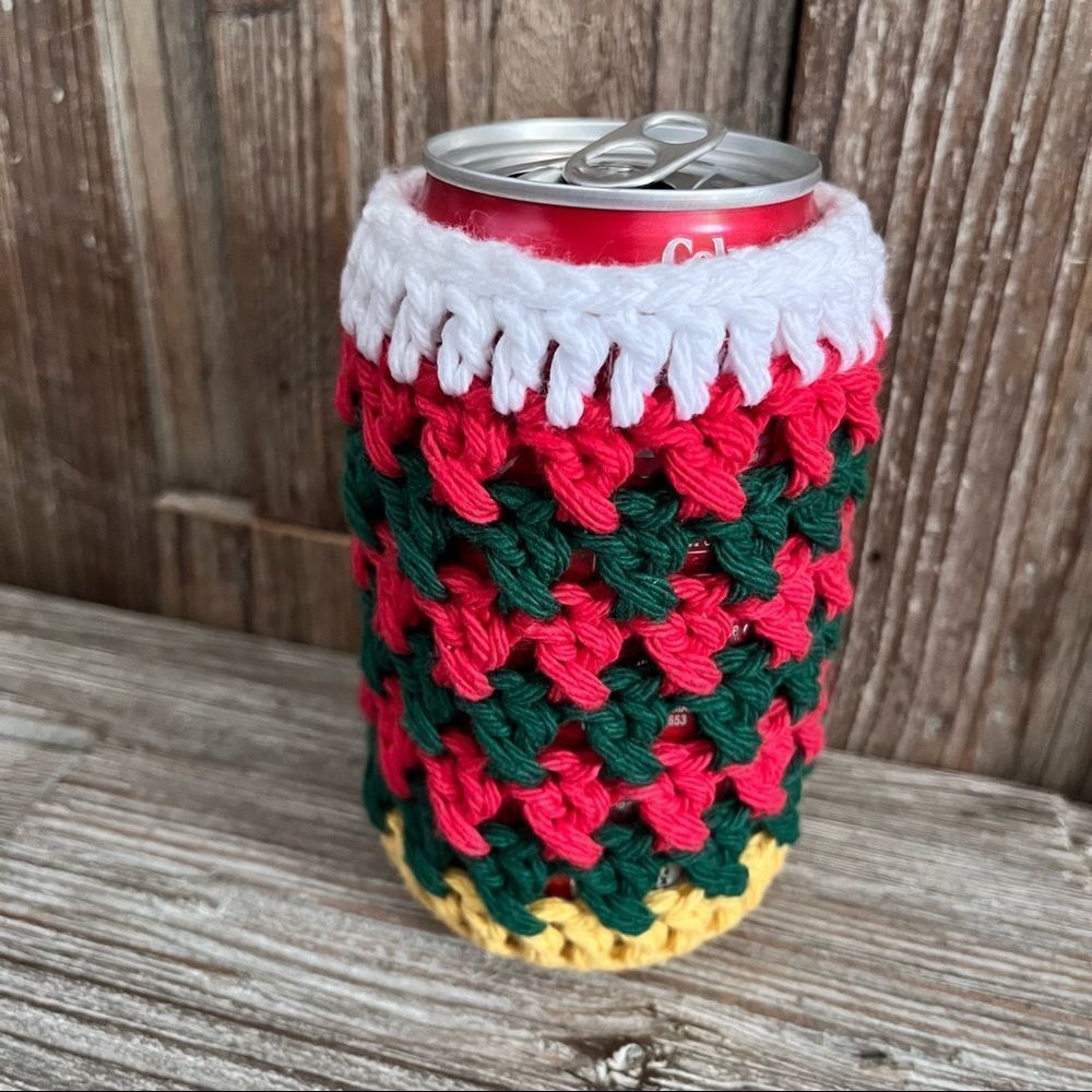 Hand Crafted Crochet Cozy Cup 12oz Can Jingle Bell Christmas Boho